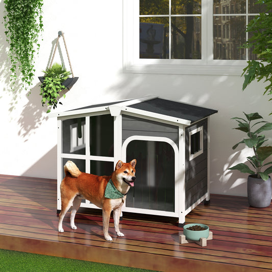 Wooden Dog House Outdoor with Removable Bottom, Cabin Style Raised Pet Kennel, with Openable Asphalt Roof, Door Curtain, Side Windows for Large Sized Dog, 88 Lbs., Dark Gray - Gallery Canada