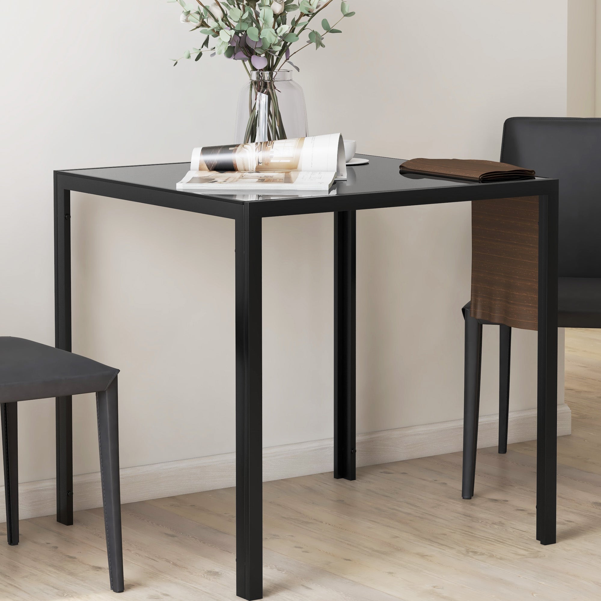 Square Kitchen Table for 2-4 People, Dining Table with Glass Top and Steel Legs for Dining Room, Black Dining Tables   at Gallery Canada