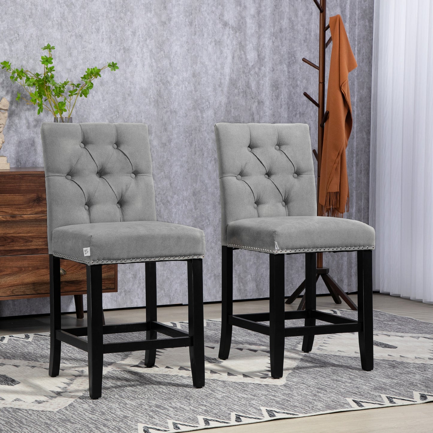 Fabric Bar Stool Set of 2, Tall 25.6" Seat Height Bar Chairs with Tufted Back &; Wood Legs, Light Grey Bar Stools   at Gallery Canada