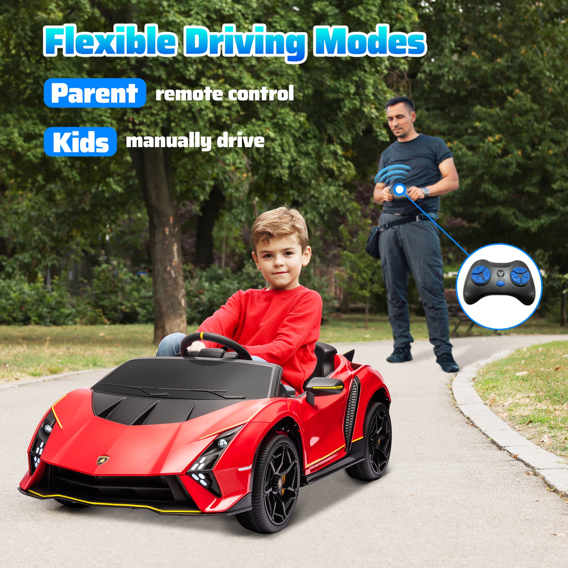 12V Lamborghini Autentica Licensed Kids Car with Remote Control, 4 Wheels Spring Suspension, Soft Start, Red Electric Toy Cars   at Gallery Canada