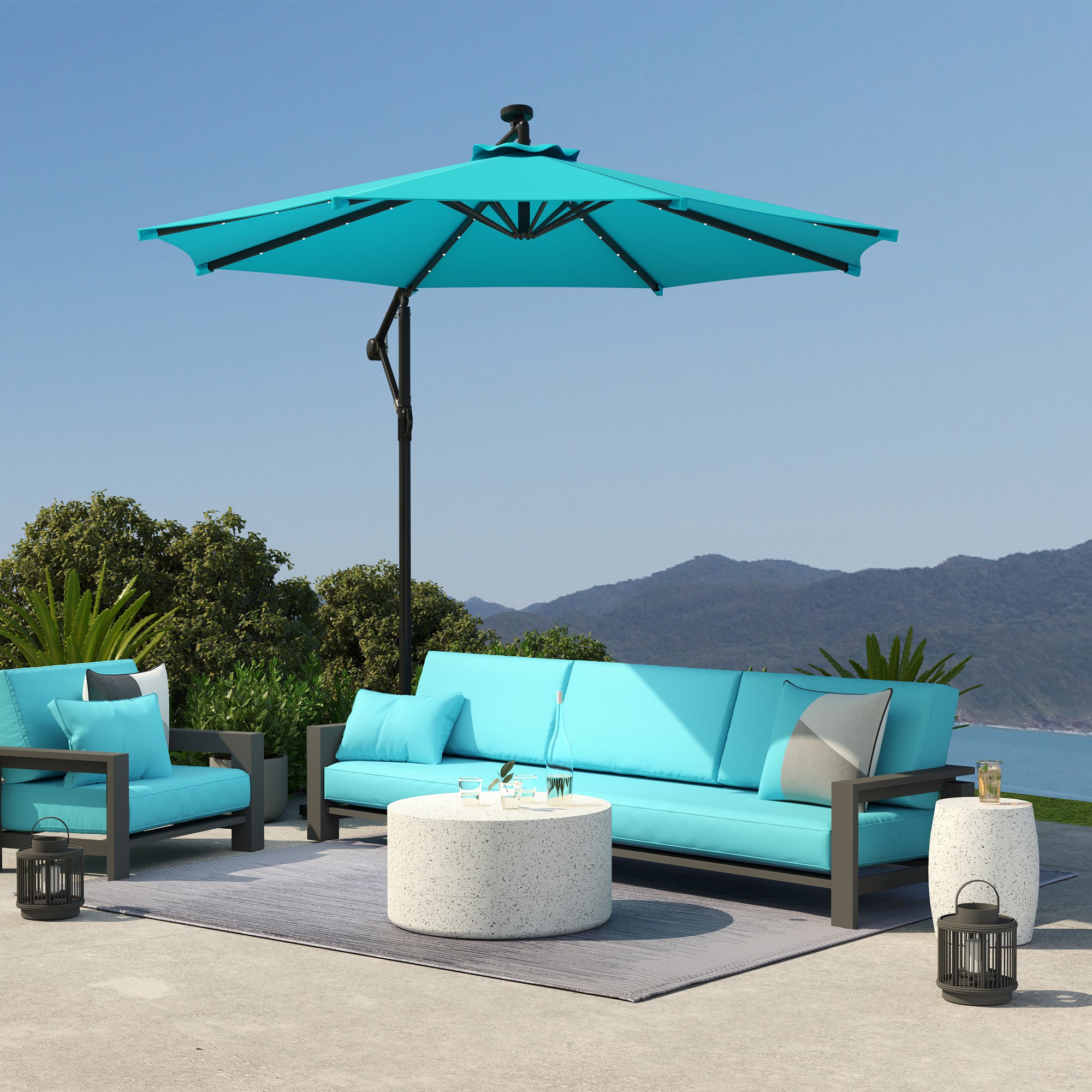 10ft Outdoor Cantilever Umbrella Banana Umbrella with Solar Lights and Adjustable Angle for Patio Backyard Turquoise Offset Cantilever Umbrellas at Gallery Canada