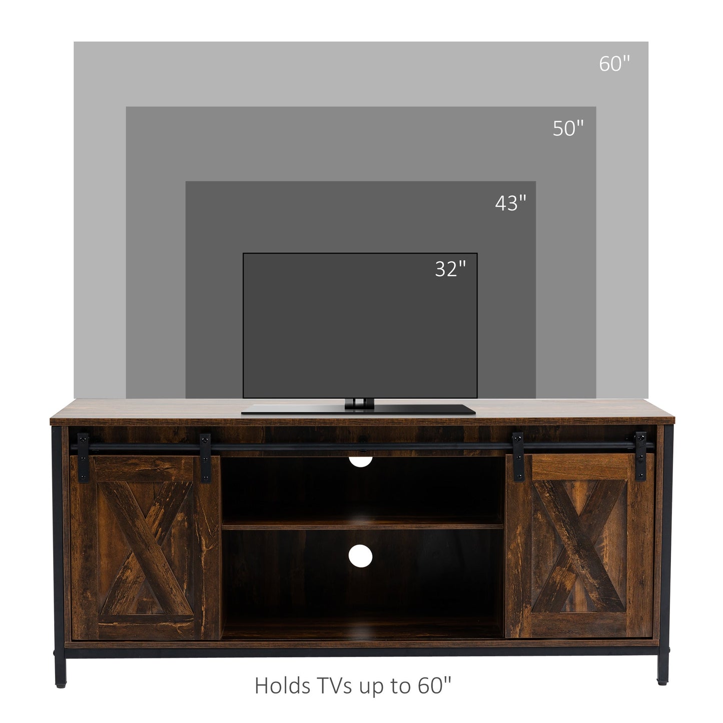 Industrial TV Stand for TVs up to 60", TV Console with Storage and 2 Sliding Barn Doors, Freestanding Entertainment Unit for Living Room, Brown TV Stands   at Gallery Canada