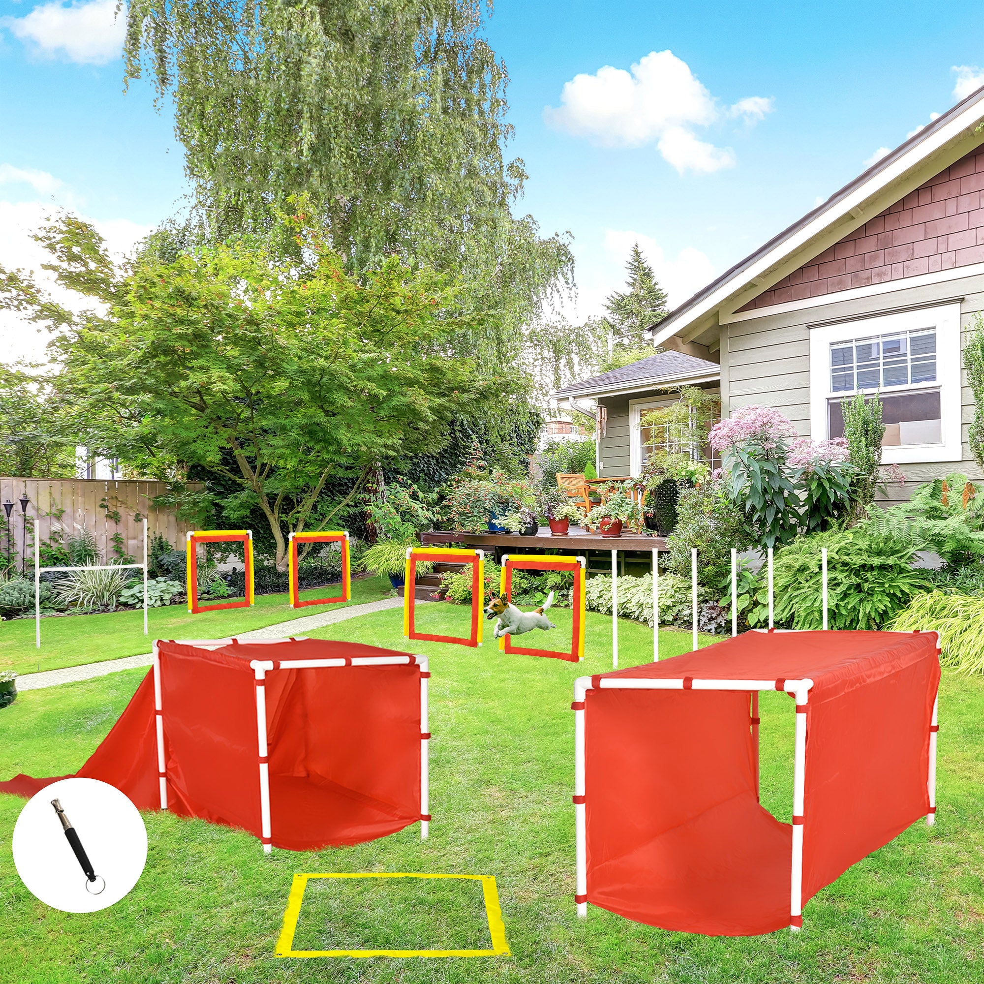 Dog Agility Training Equipment Set with Adjustable Hurdle, Tunnel, Chute, Weave Poles, Pause Box, Panels, Outdoor Obstacle Course Kit with Whistle Dog Agility Training Equipment at Gallery Canada