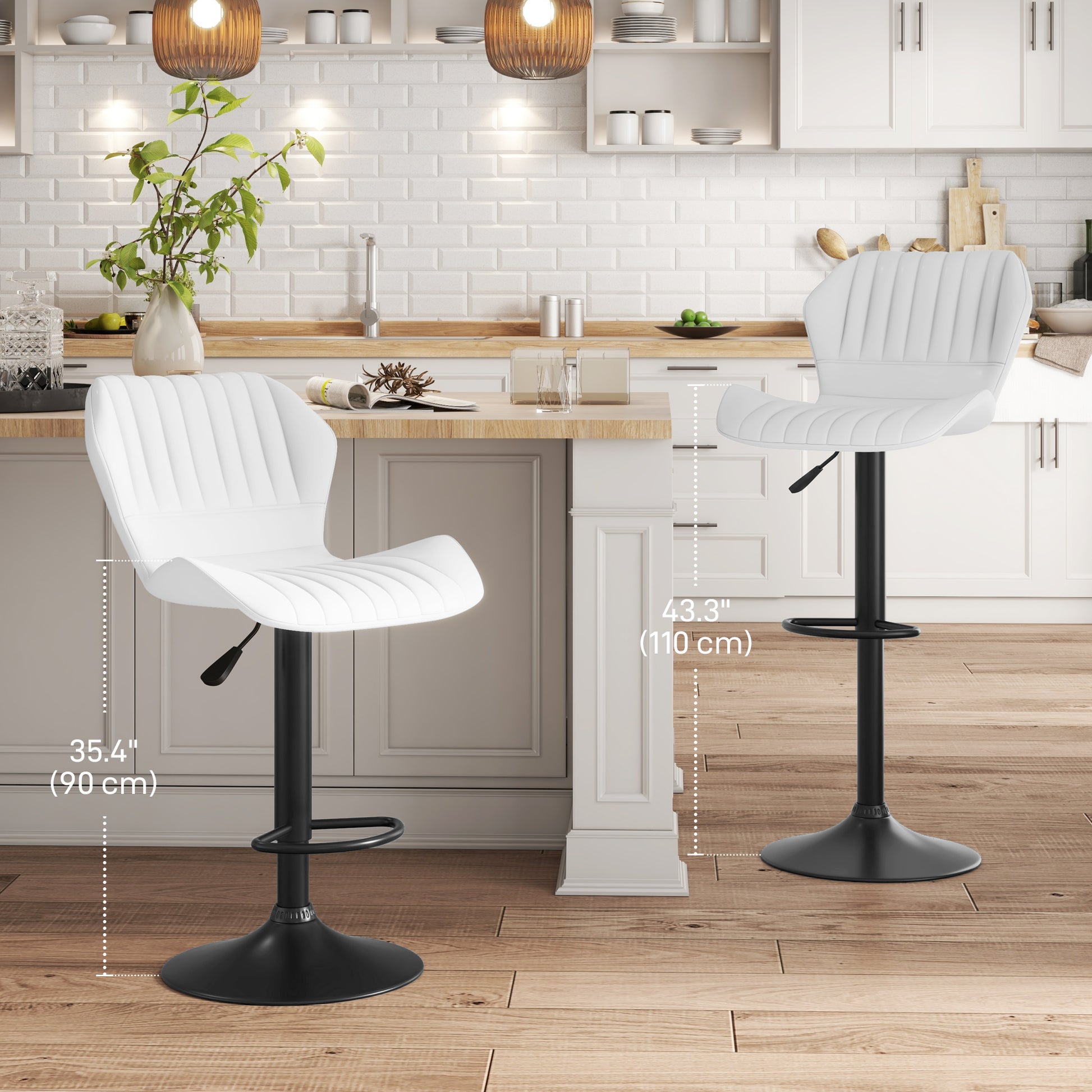 Shell Back Bar Stool Set of 2, PU Leather Adjustable Swivel Barstools with Chrome Base and Footrest for Kitchen Counter, Pub, White Bar Stools   at Gallery Canada