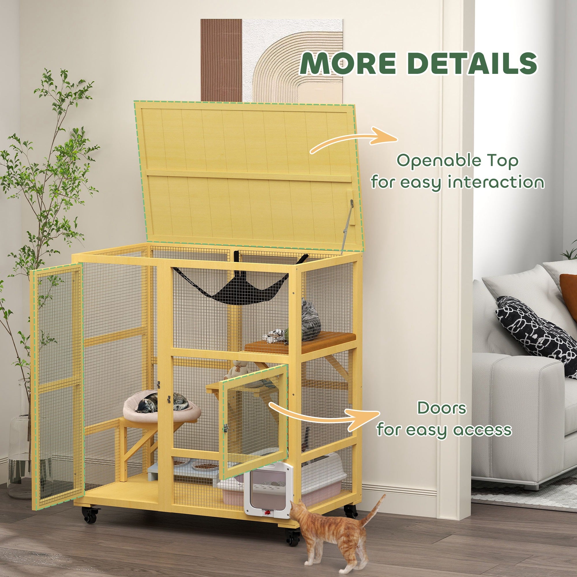 Cat Condo Wooden Indoor Cat House on Wheels with Cat Flap Door Platforms Hammock Openable Top for 2 Cats, Yellow Outdoor Cat Enclosures at Gallery Canada