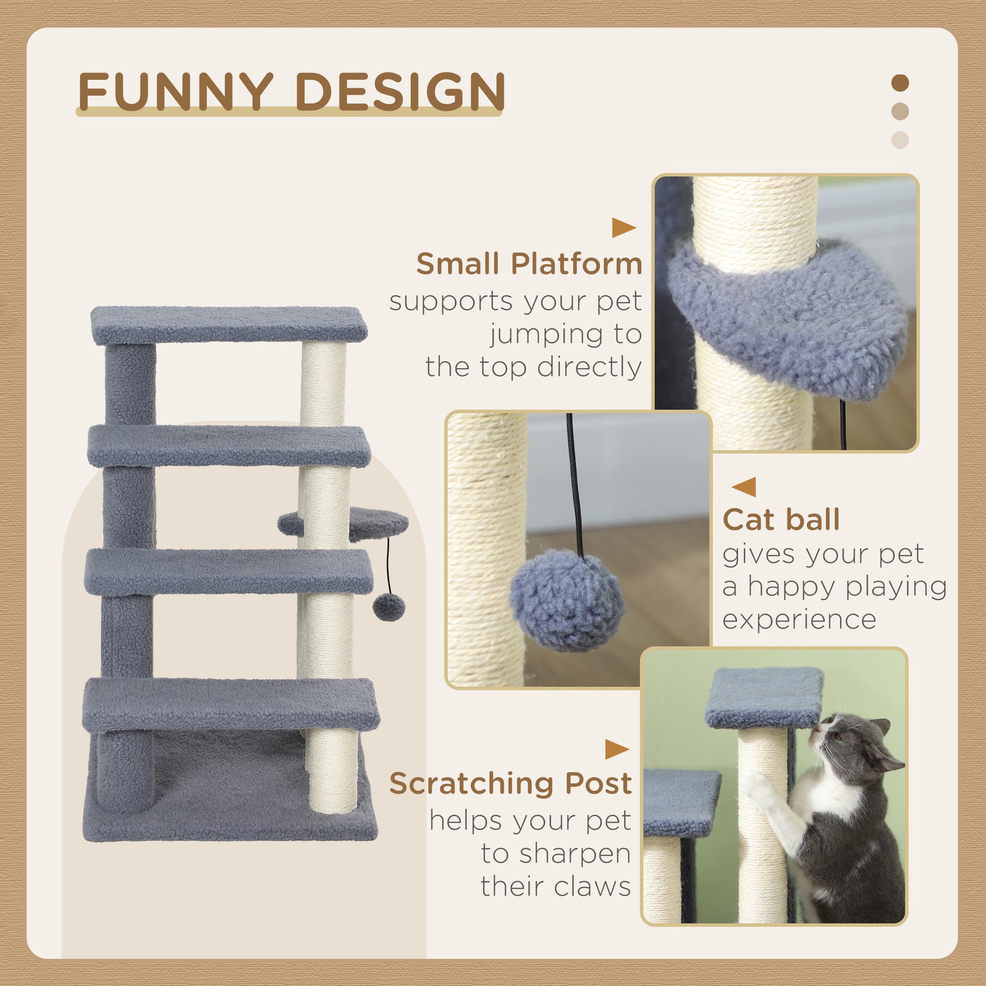 4 Step Cat Tree Stairs with Cat Scratching Post, Jumping Platform, Toy Ball, Grey Cat Stairs   at Gallery Canada