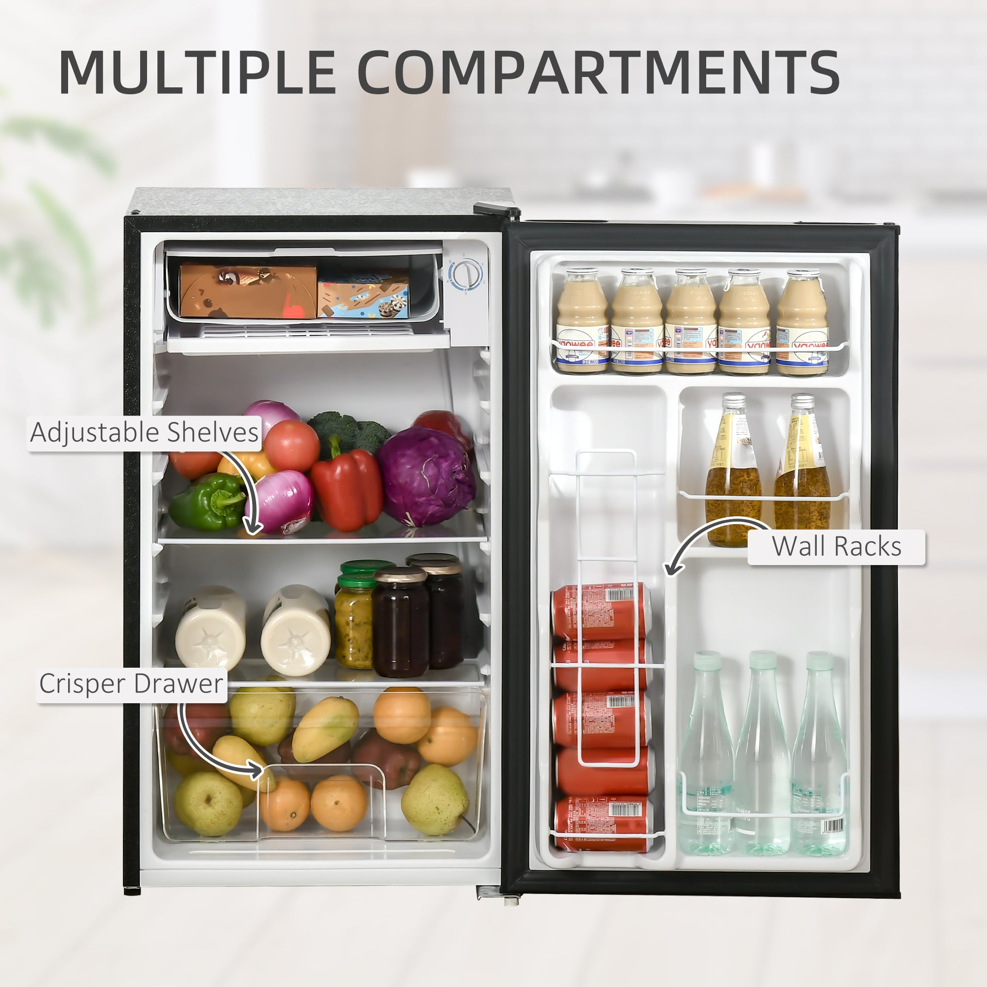 Compact Refrigerator, Mini Fridge with Freezer, Adjustable Shelf, Mechanical Thermostat and Reversible Door, Black Small Kitchen Appliances at Gallery Canada