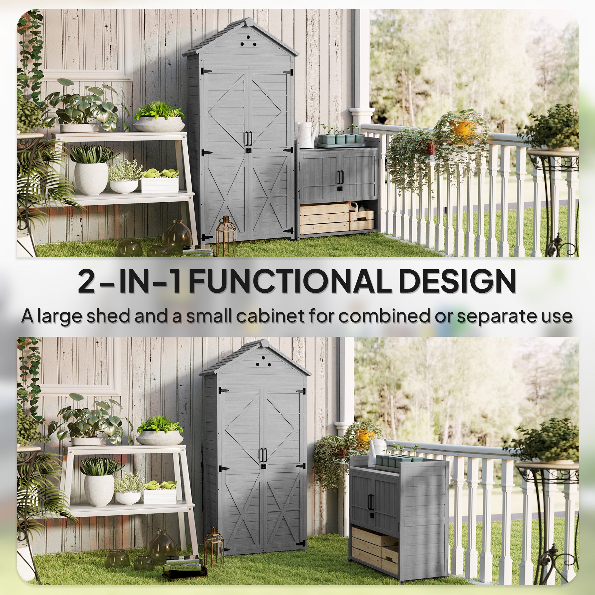 2-in-1 Outdoor Storage Cabinet, Wood Garden Shed with Shelves, Vent Holes, Foot Caps for Backyard, Patio, Lawn Sheds at Gallery Canada