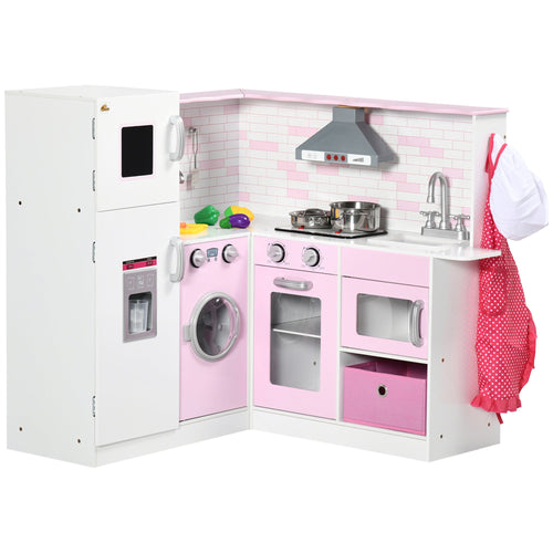 Corner Pretend Play Toy Kitchen with Sink Stove, Wooden Kids Kitchen Playset with Light Sound, Storage Cabinets, Ice Maker, Refrigerator, Washing Machine, Food Toys, White