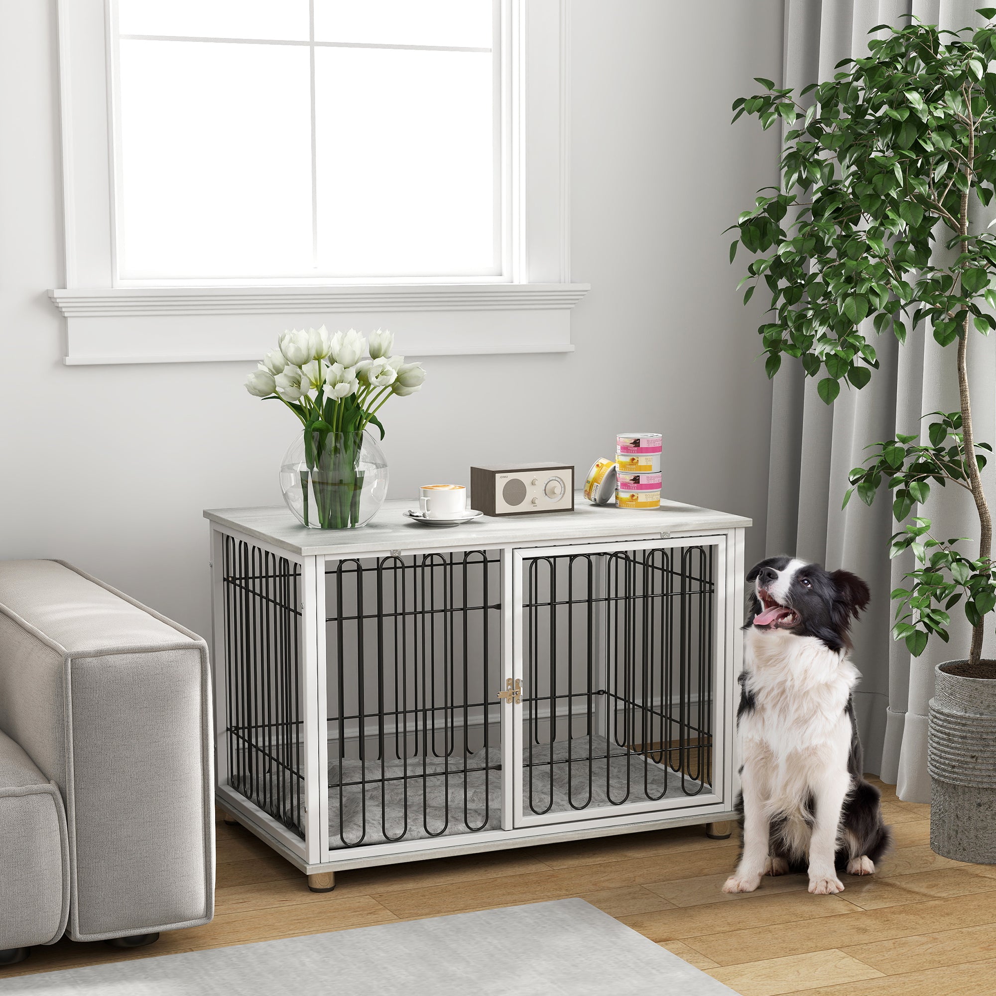 Dog Crate Furniture with Washable Cushion, Adjustable Feet for Medium Dogs, Indoor Use, Grey Houses, Kennels & Pens at Gallery Canada