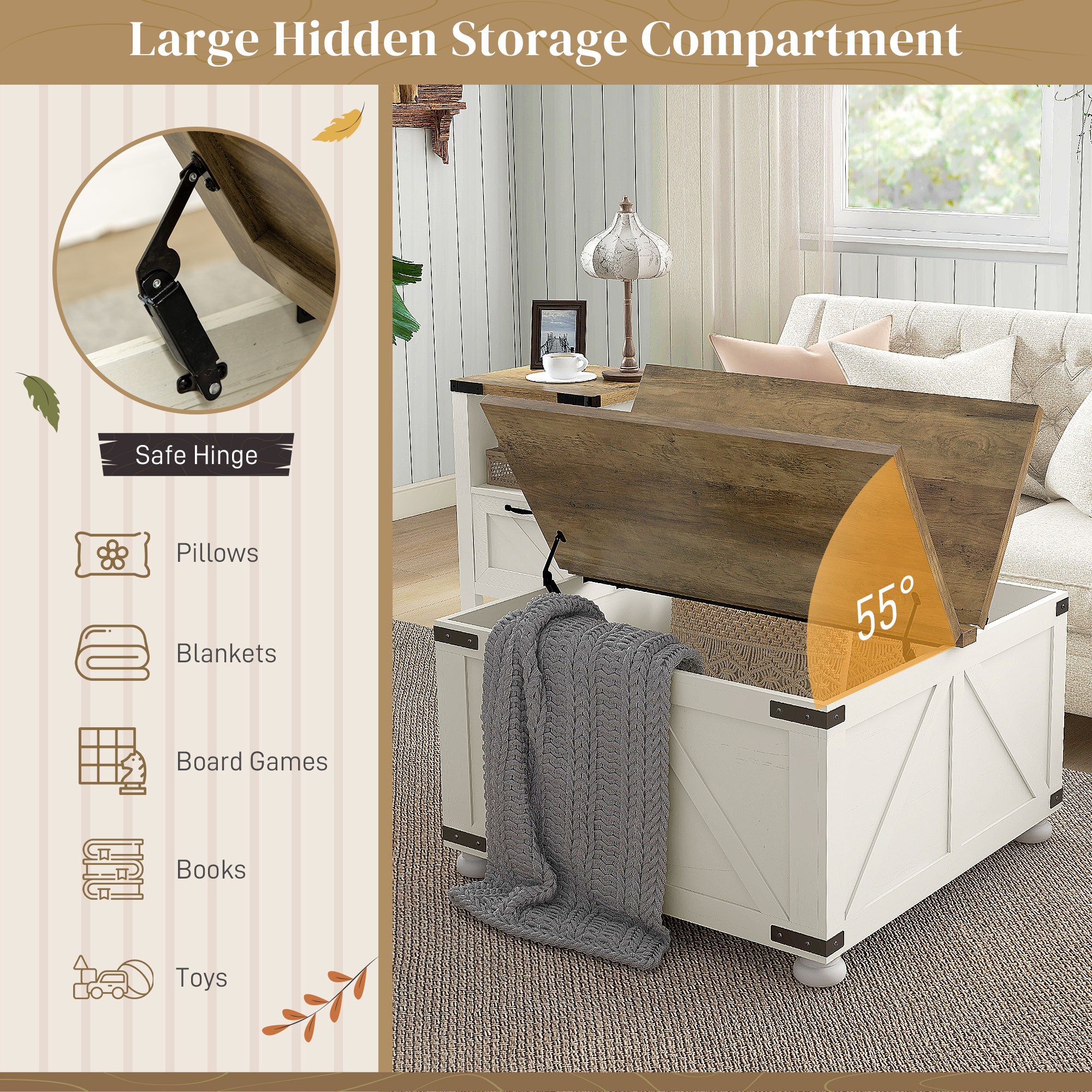 Farmhouse Coffee Table, Square Center Table with Flip-top Lids, Hidden Storage Compartment and Wooden Legs, Antique White Coffee Tables at Gallery Canada