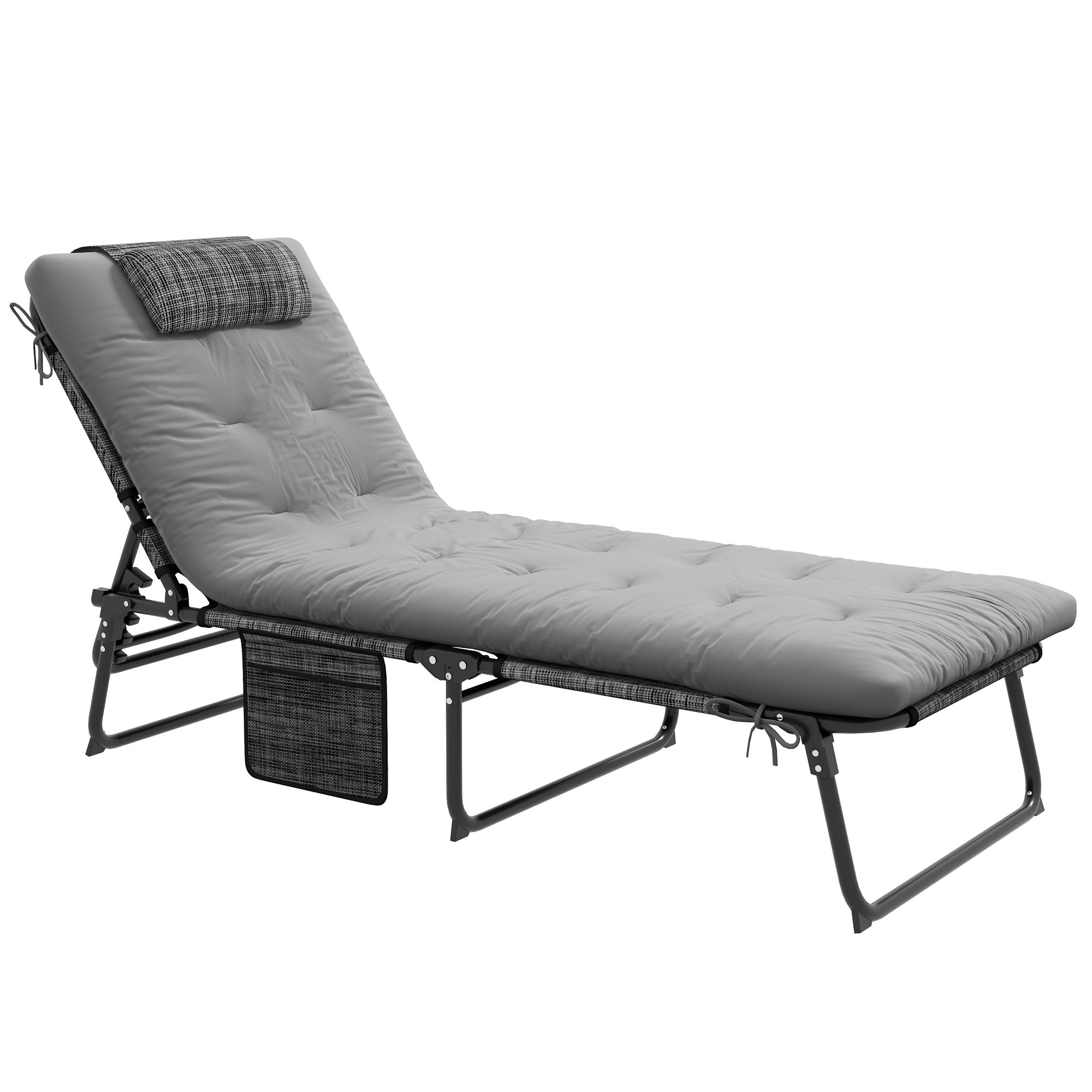 Folding Outdoor Lounge - Tanning Chair with 4-level Reclining Back, with Cushion, Breathable Mesh, Side Pocket, Headrest, Grey Lounger Chairs   at Gallery Canada