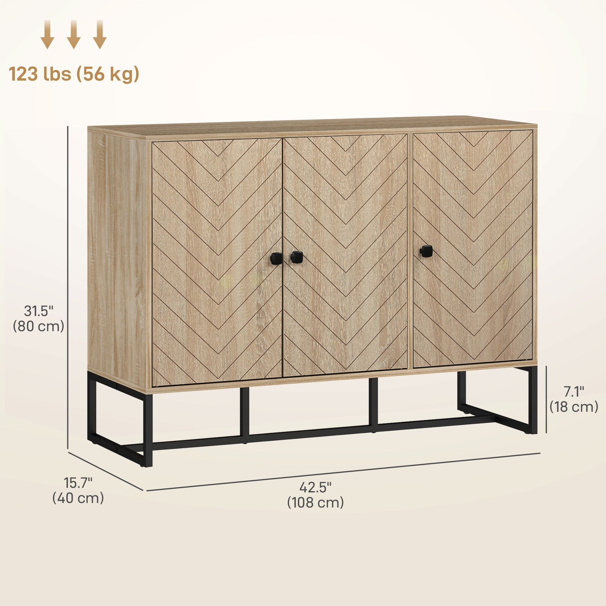 Modern Sideboard, Buffet Cabinet with Adjustable Shelves, 3 Chevron Doors for Living Room, Hallway, Oak Wood Grain Storage Cabinets at Gallery Canada