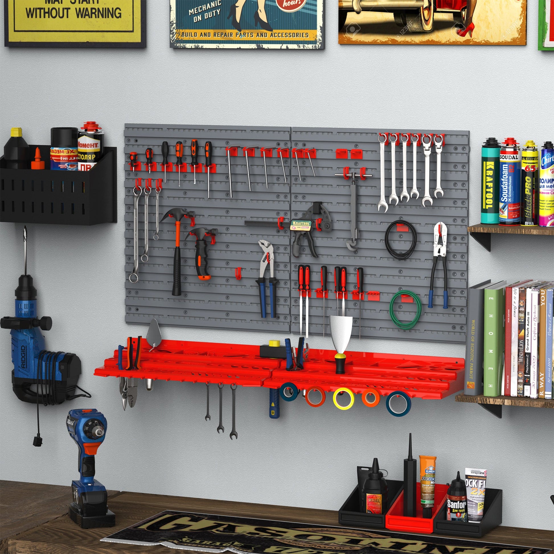 54 Piece Pegboard and Shelf Tool Organizer Wall Mounted DIY Garage Storage with 50 Hooks, Red Tool Organizers   at Gallery Canada