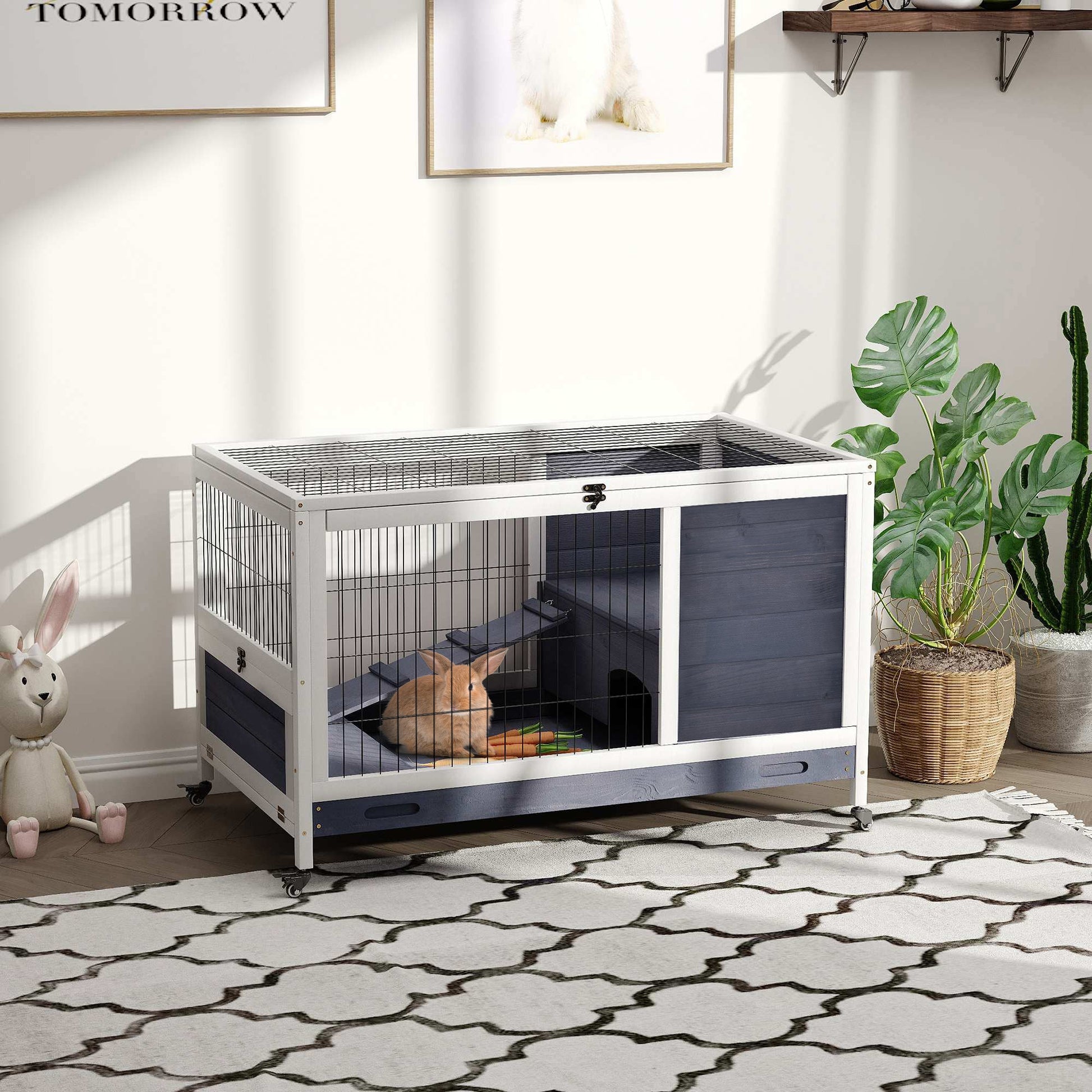 Wooden Indoor Rabbit Hutch Elevated Cage Habitat with Enclosed Run with Wheels, Ideal for Rabbits and Guinea Pigs, White Rabbit Hutch   at Gallery Canada