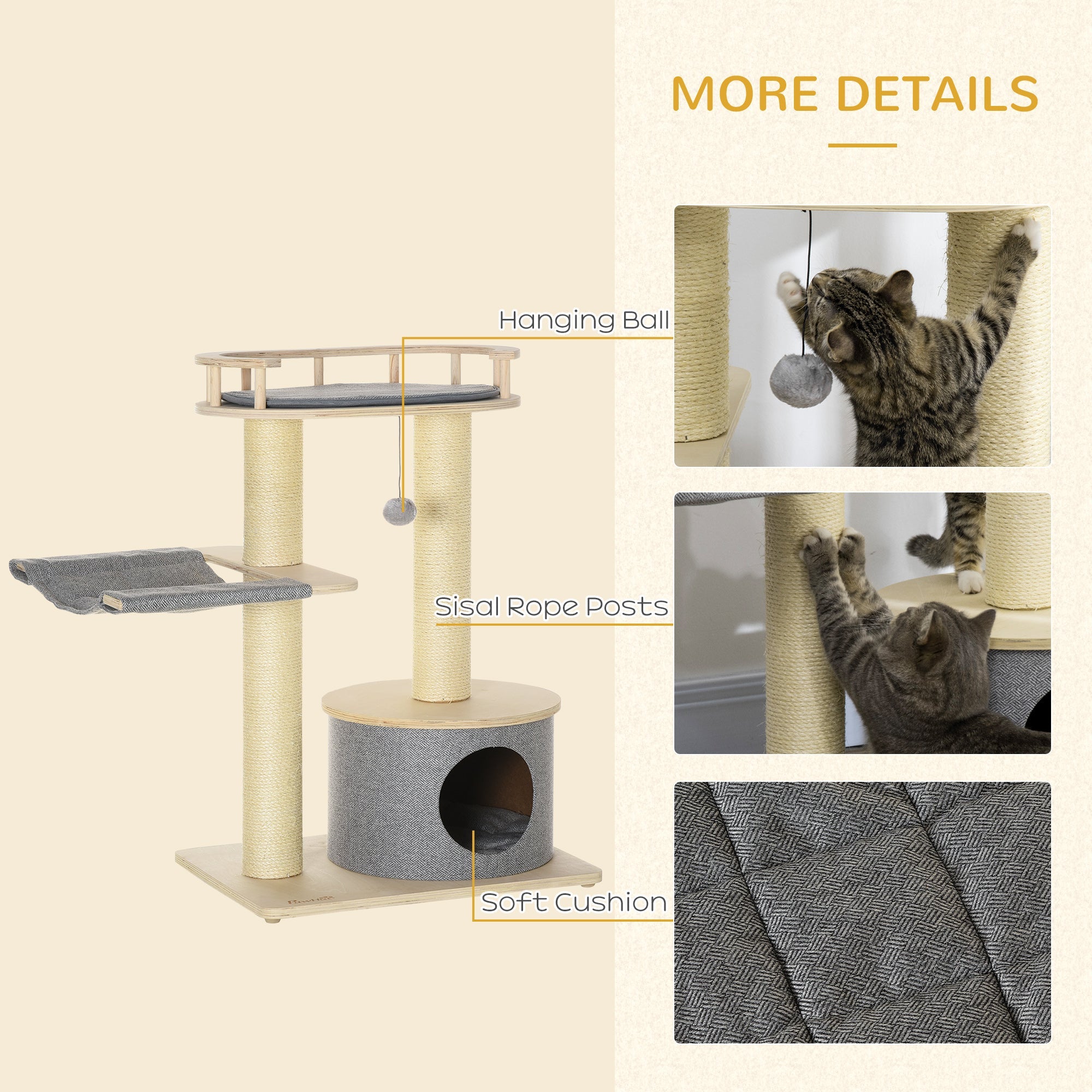 Wooden Cat Tree with Hammock, Condo, Scratching Post, Toy Ball, Washable Cushion, Natural Cat Towers   at Gallery Canada