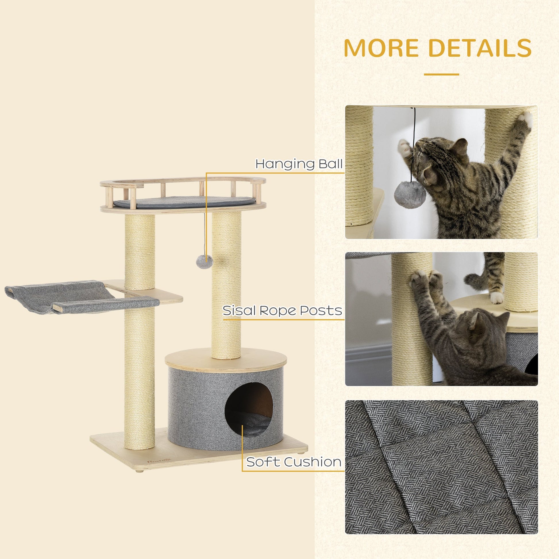 Wooden Cat Tree with Hammock, Condo, Scratching Post, Toy Ball, Washable Cushion, Natural Cat Towers   at Gallery Canada