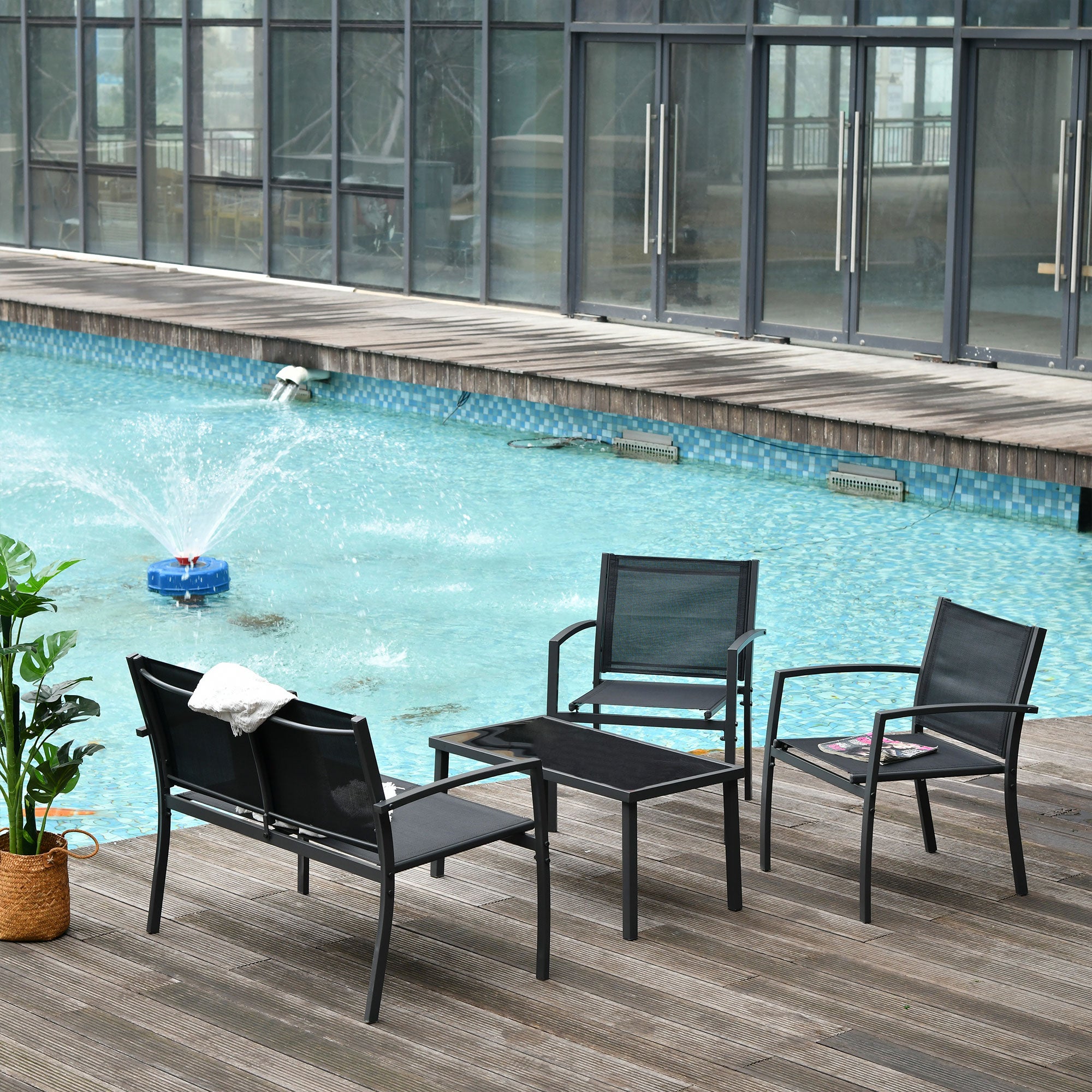 4-Piece Patio Furniture Set with Glass Top Coffee Table, Breathable Mesh Seat &; Backrest for Garden, Balcony, Black Patio Furniture Sets at Gallery Canada