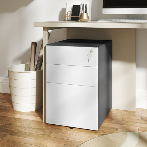3 Drawer Filing Cabinet, Home Office Storage Cabinet with Wheels, Lock for A4, Letters, Legal-sized Files, Grey and White