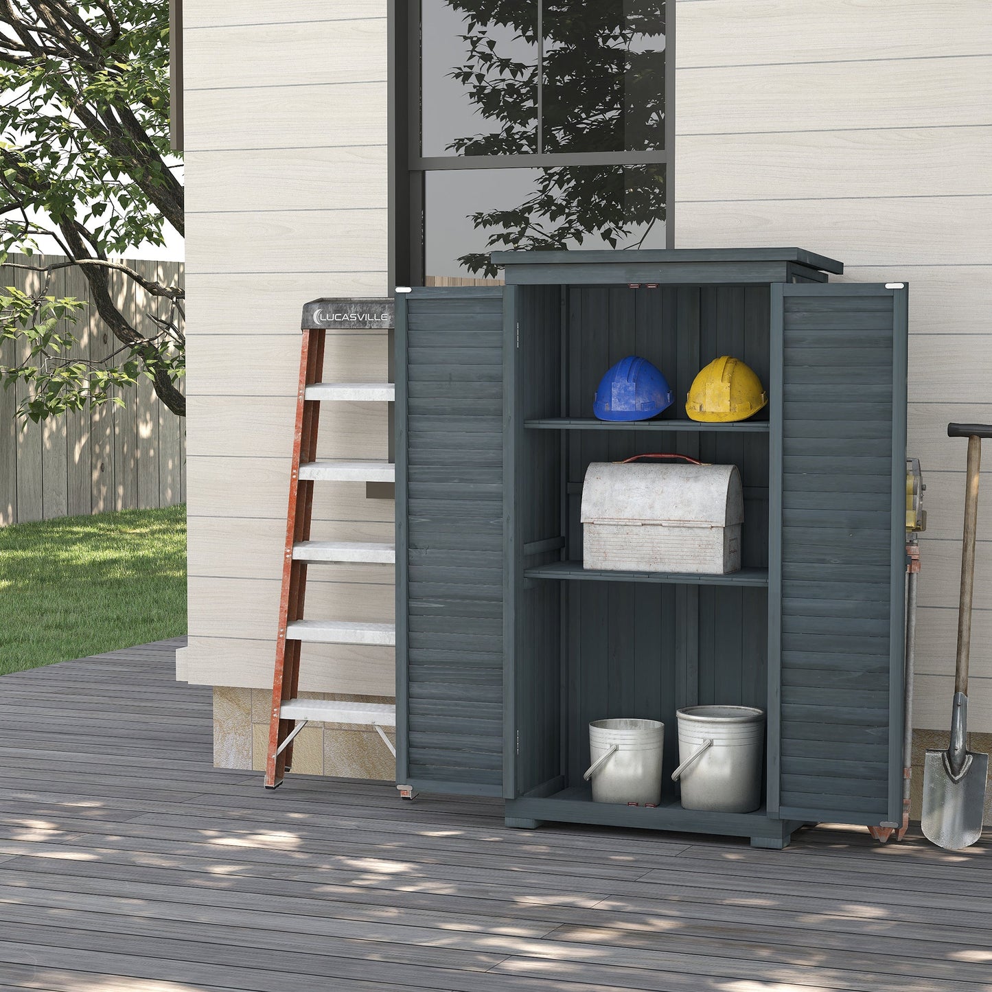 Outdoor Garden Shed, Wooden Tool Storage Shed, 3-Tier Shelves, Asphalt Roof, Shutter Doors, 34.3" x 18.3" x 63", Grey Sheds   at Gallery Canada