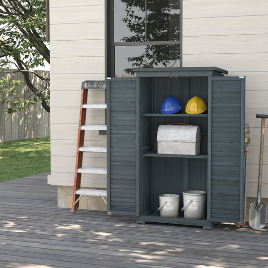 Outdoor Garden Shed, Wooden Tool Storage Shed, 3-Tier Shelves, Asphalt Roof, Shutter Doors, 34.3" x 18.3" x 63", Grey - Gallery Canada