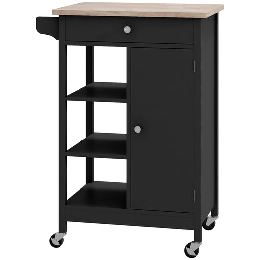 Modern Rolling Kitchen Island Cart with Drawer, Natural Wood Top, Towel Rack, Door Storage Cabinet, Black Kitchen Islands & Kitchen Carts   at Gallery Canada