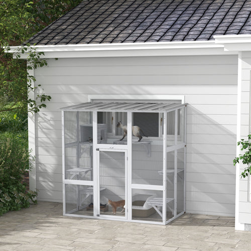 Outdoor Cat Enclosure Window Box with Weatherproof Roof, Bridge, Resting Box, Platforms, for 2 Kittens, White