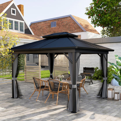 10' x 12' Hardtop Gazebo, Sun Shelter with Double Tier Metal Roof, Mosquito Netting, and Hanging Hook, Light Grey Gazebos at Gallery Canada