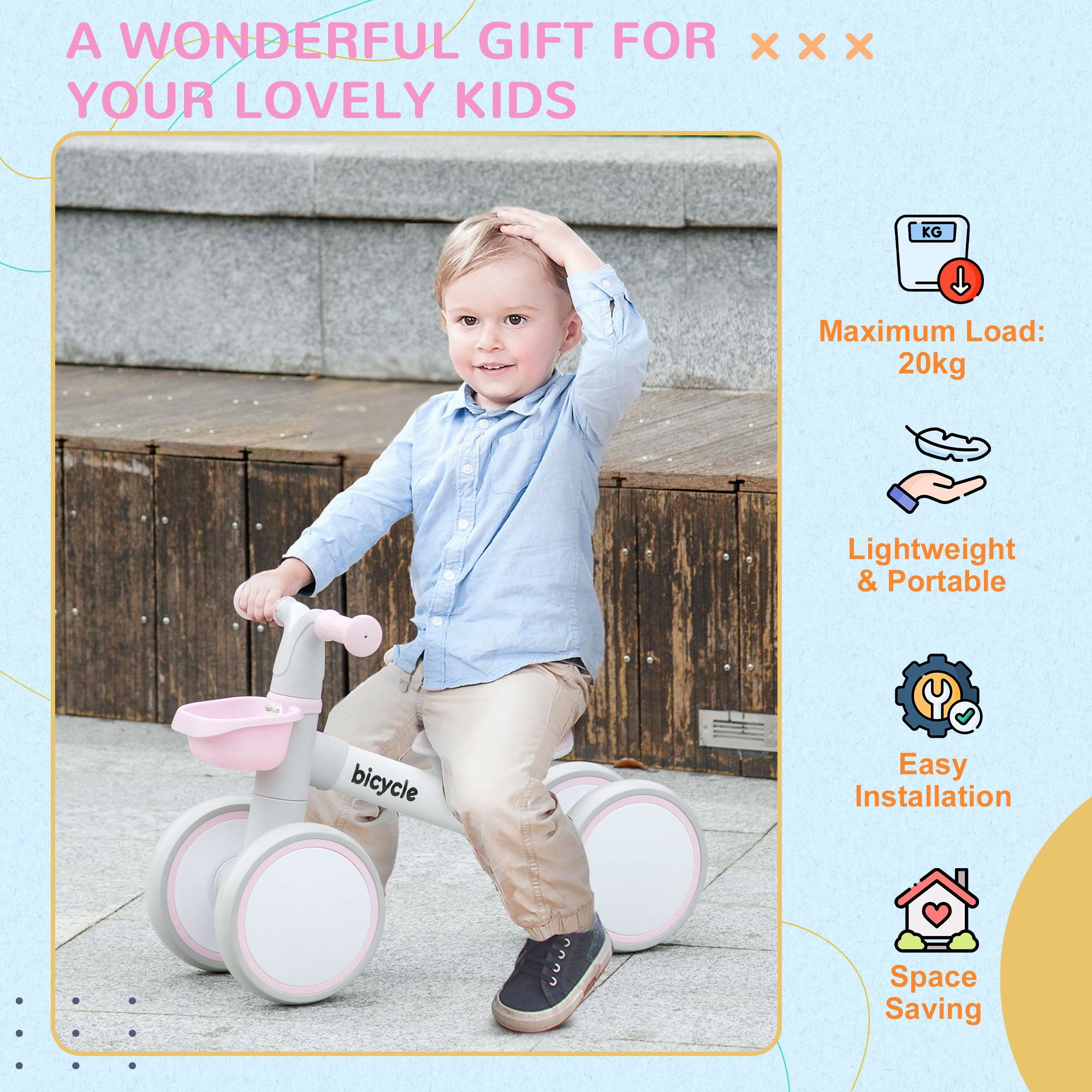 Toddler Balance Bike for 12–36 Months with Adjustable Seat, Removable Basket, 4 Silent Wheels, Pink Riding & Rocking Toys at Gallery Canada