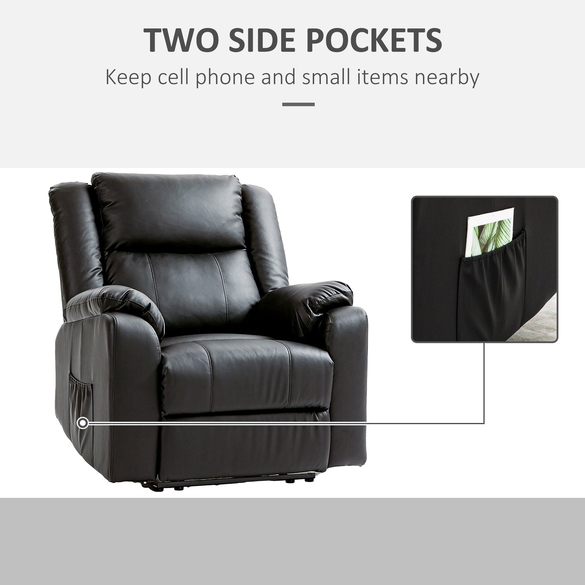 PU Leather Reclining Chair, Recliner Chair for Living Room with Footrest and 2 Side Pockets, Black Single Sofas   at Gallery Canada