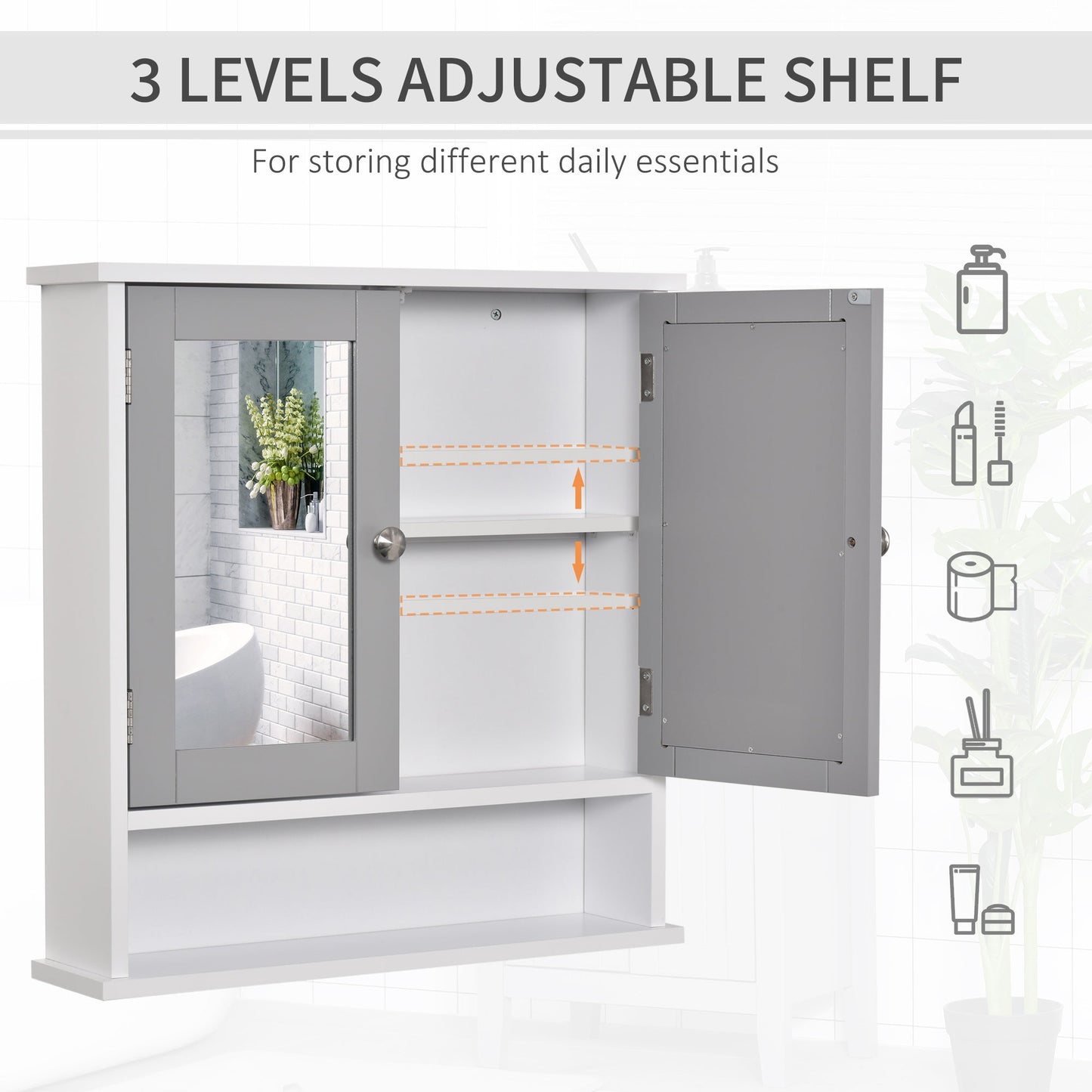 Bathroom Mirror Cabinet, Wall Mounted with Double Mirrored Doors, Hanging Cabinet with Cupboard and Shelf, Wall Storage Organizer, Grey Mirror Medicine Cabinets   at Gallery Canada