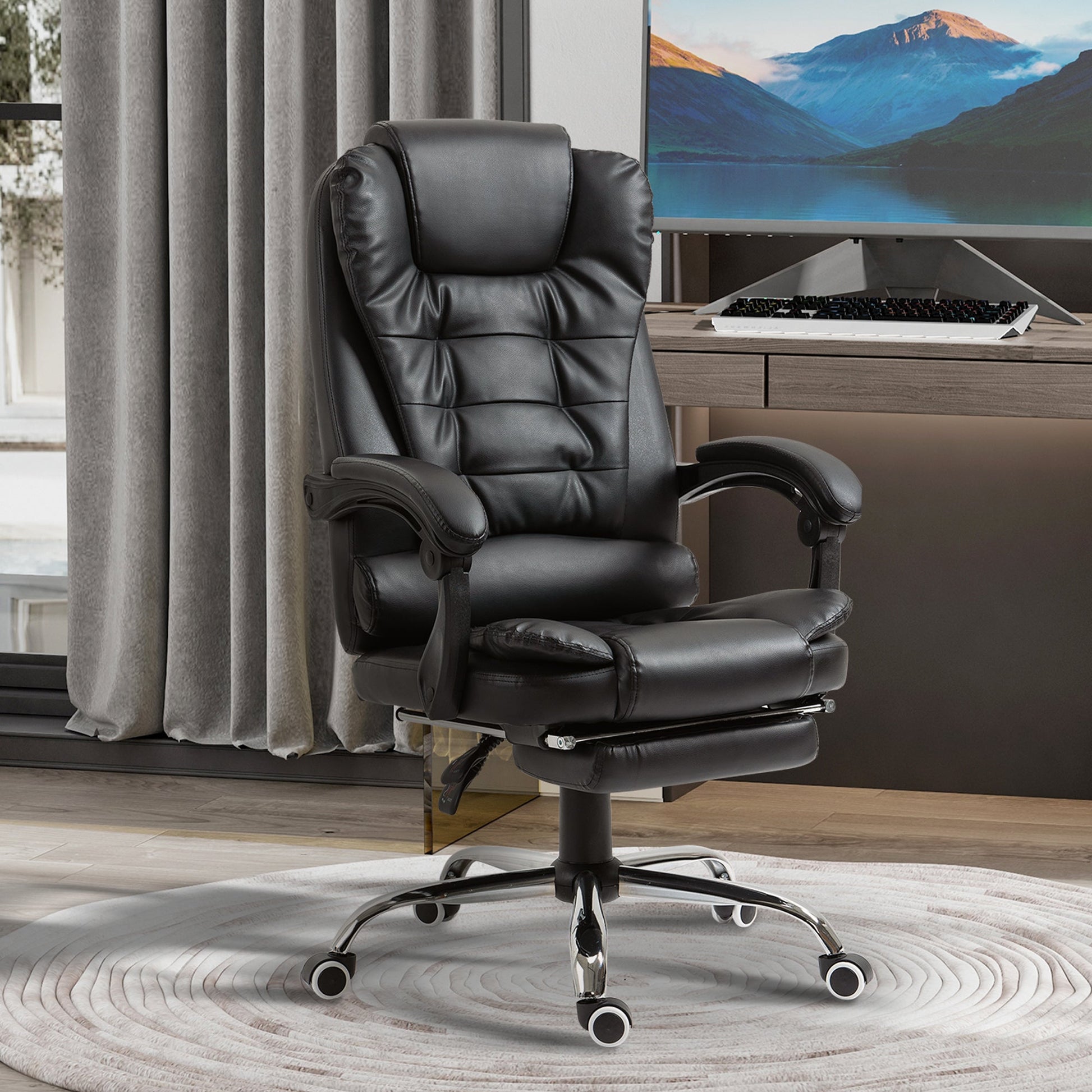 High Back Office Chair PU Leather Executive Office Chair with Retractable Footrest Padded Armrest Black Executive & Manager Chairs   at Gallery Canada