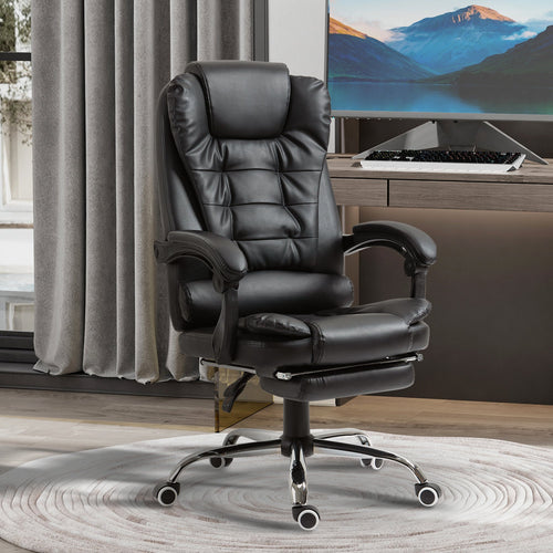 High Back Office Chair PU Leather Executive Office Chair with Retractable Footrest Padded Armrest Black