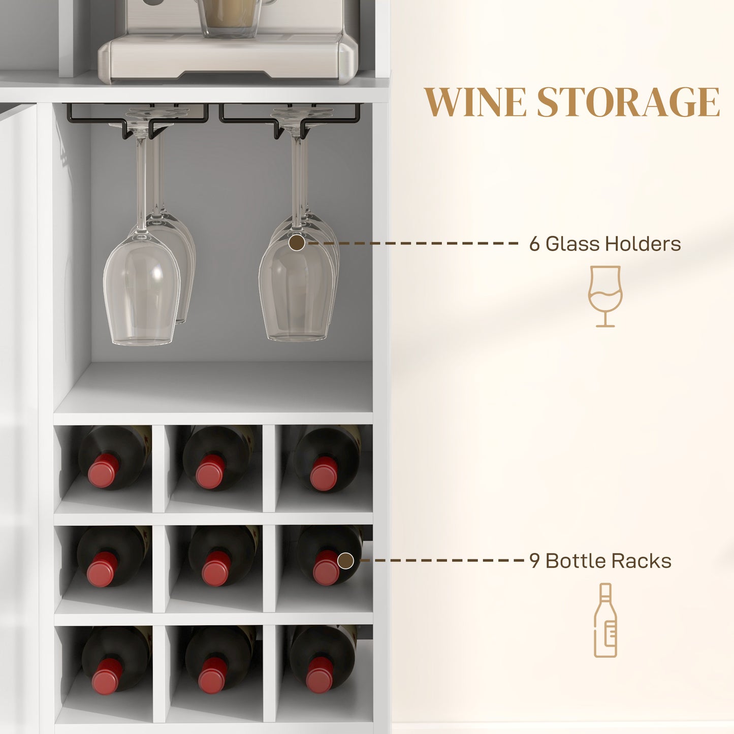 Coffee Bar Cabinet, Kitchen Hutch with Wine Storage, Microwave Countertop, Drawer and Tempered Glass Doors, White Wine Racks   at Gallery Canada