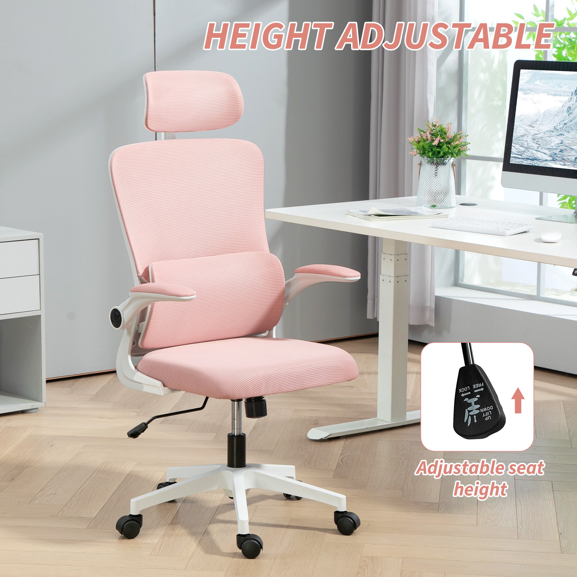 High Back Office Chair, Mesh Computer Desk Chair with Rotatable Headrest, Lumbar Back Support, Adjustable Height, Pink Executive & Manager Chairs at Gallery Canada