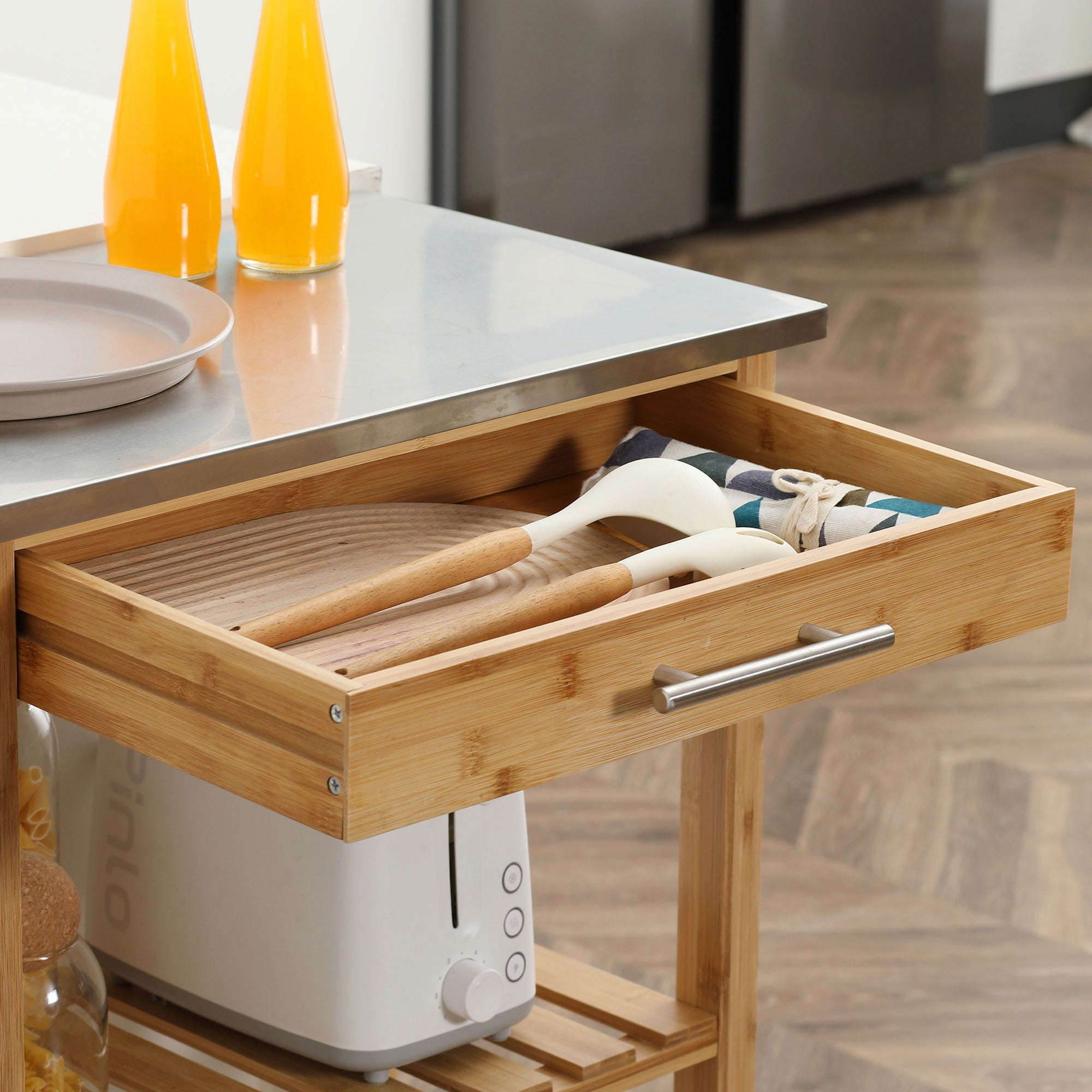 Bamboo Kitchen Cart, Kitchen Island with Stainless Steel Top, Drawer and Slatted Shelves for Dining Room, Natural Kitchen Islands & Kitchen Carts   at Gallery Canada