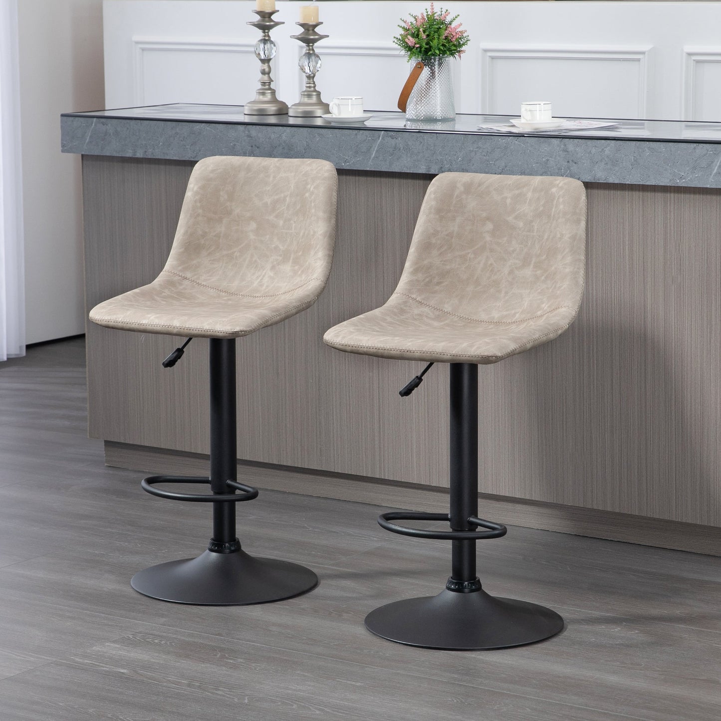 Adjustable Counter Height Bar Stools Set of 2, 360° Swivel Kitchen Counter Stools with Backs, Vintage Leather, Beige Bar Stools   at Gallery Canada