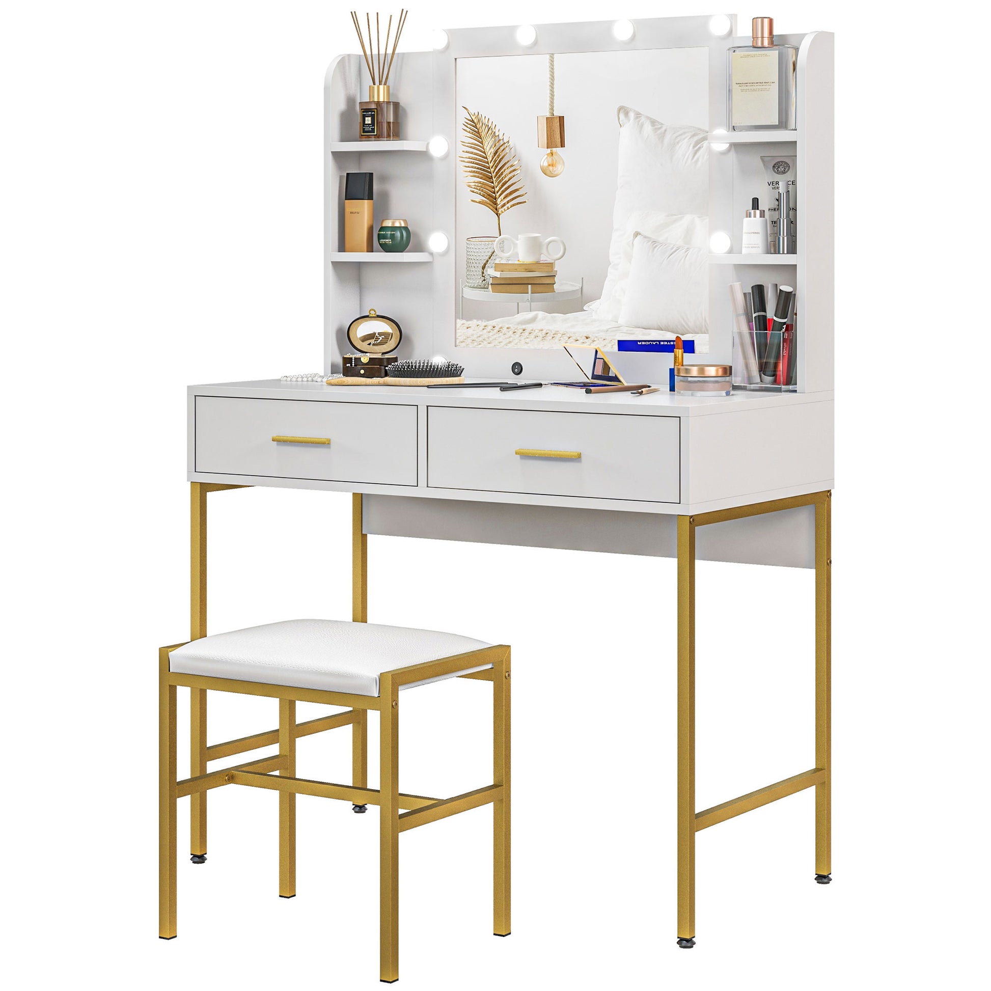 Makeup Vanity Desk Set with Lighted Mirror, Stool, Drawers, Shelves, 2 Lighting Modes, Dressing Table, White Dressing & Vanity Tables   at Gallery Canada