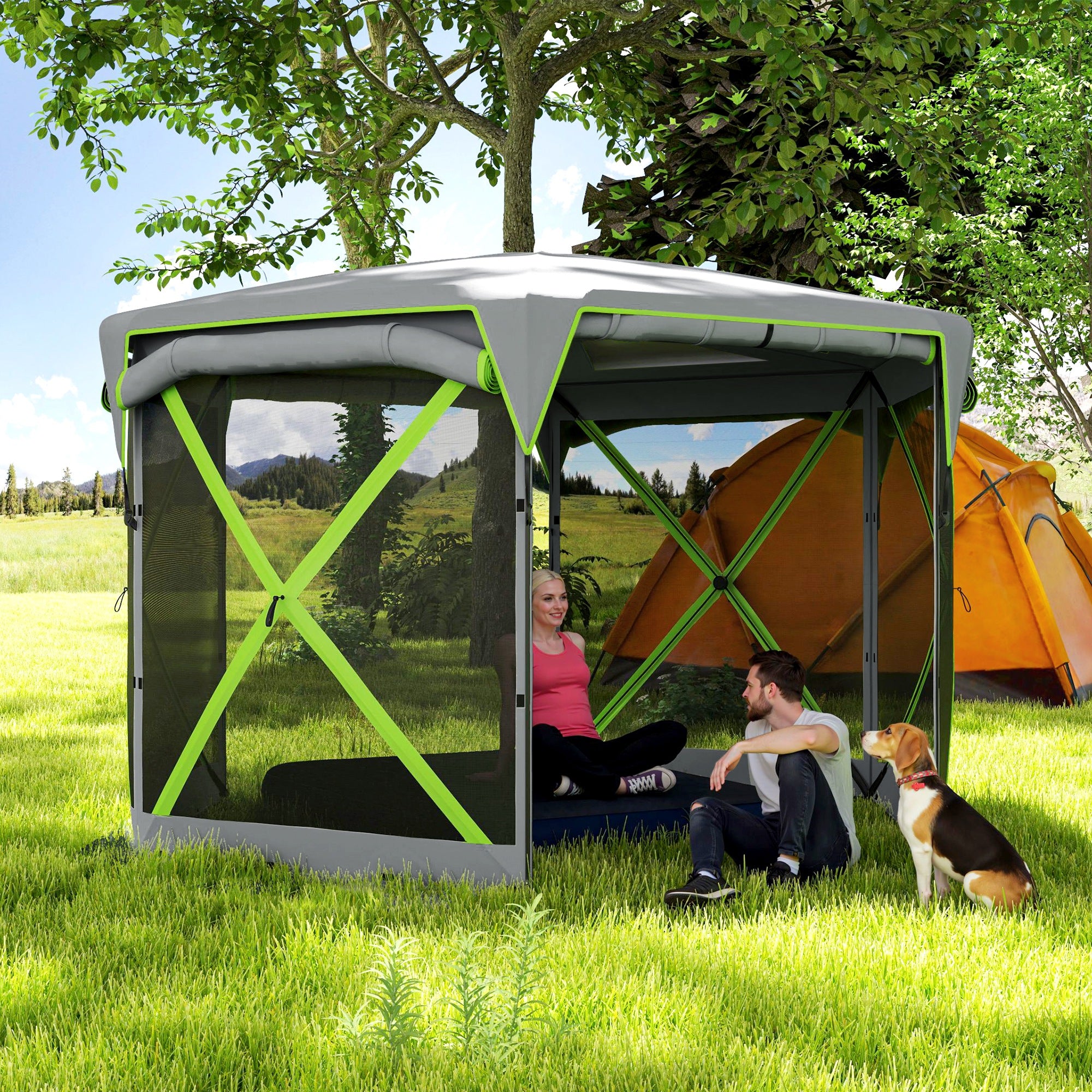 11 x 11ft Pop Up Camping Gazebo, Screen Tent House with Removable Roof Cover, Roll-up Wind Panels for Camping, Backyard Camping Tents at Gallery Canada
