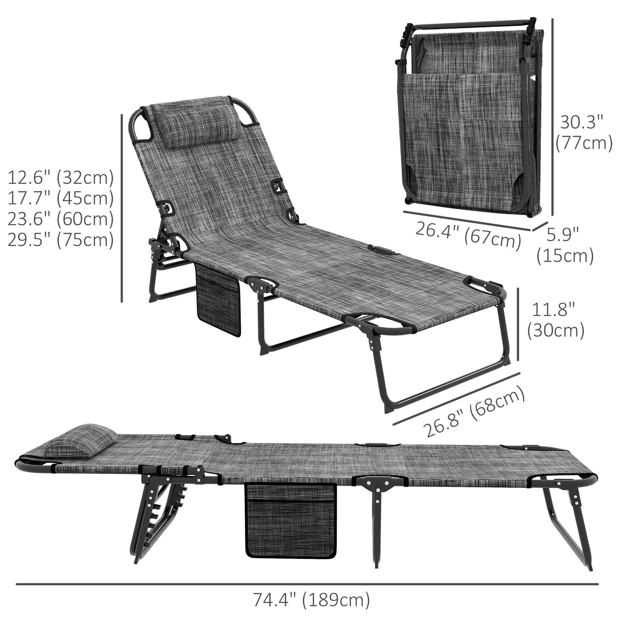 Folding Outdoor Lounge - Tanning Chair with 4-level Reclining Back, with Cushion, Breathable Mesh, Side Pocket, Headrest, Grey Lounger Chairs   at Gallery Canada