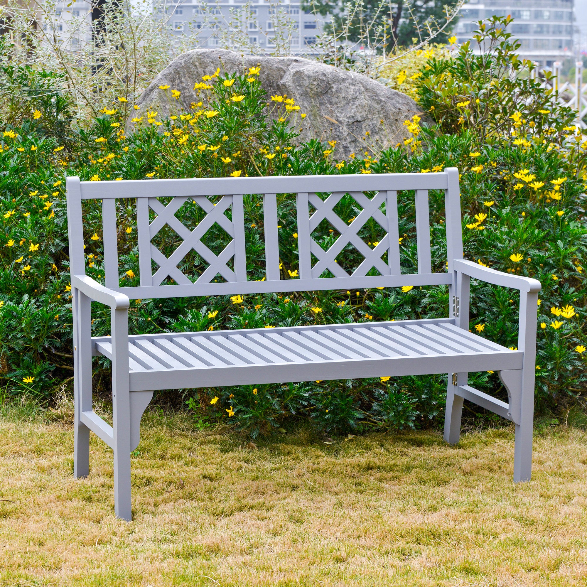 Foldable Garden Bench, 2-Seater Patio Wooden Bench, Loveseat Chair with Backrest and Armrest for Patio, Porch or Balcony, Grey Outdoor Benches at Gallery Canada