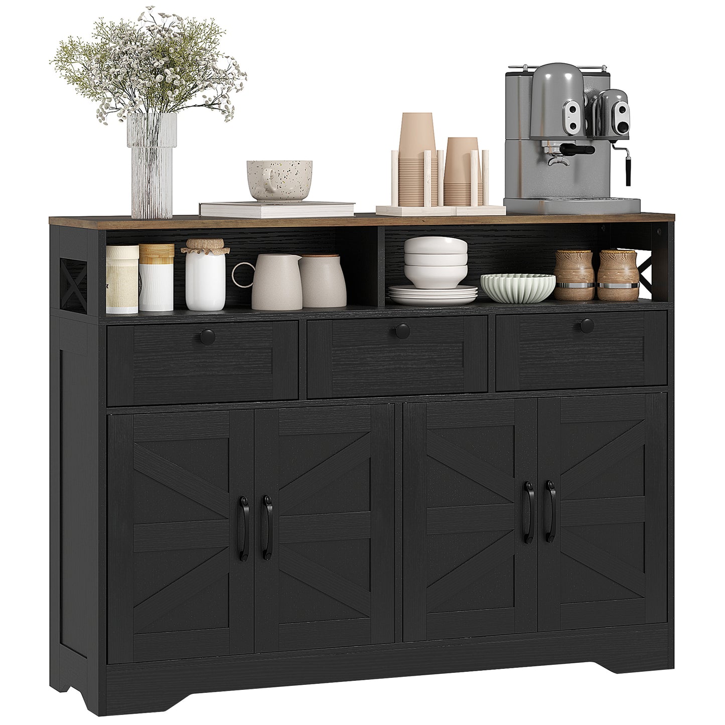 Sideboard, Buffet Cabinet with 4 Barn Doors and 3 Drawers, Coffee Bar Cabinet with Adjustable Shelves, Black Storage Cabinets at Gallery Canada