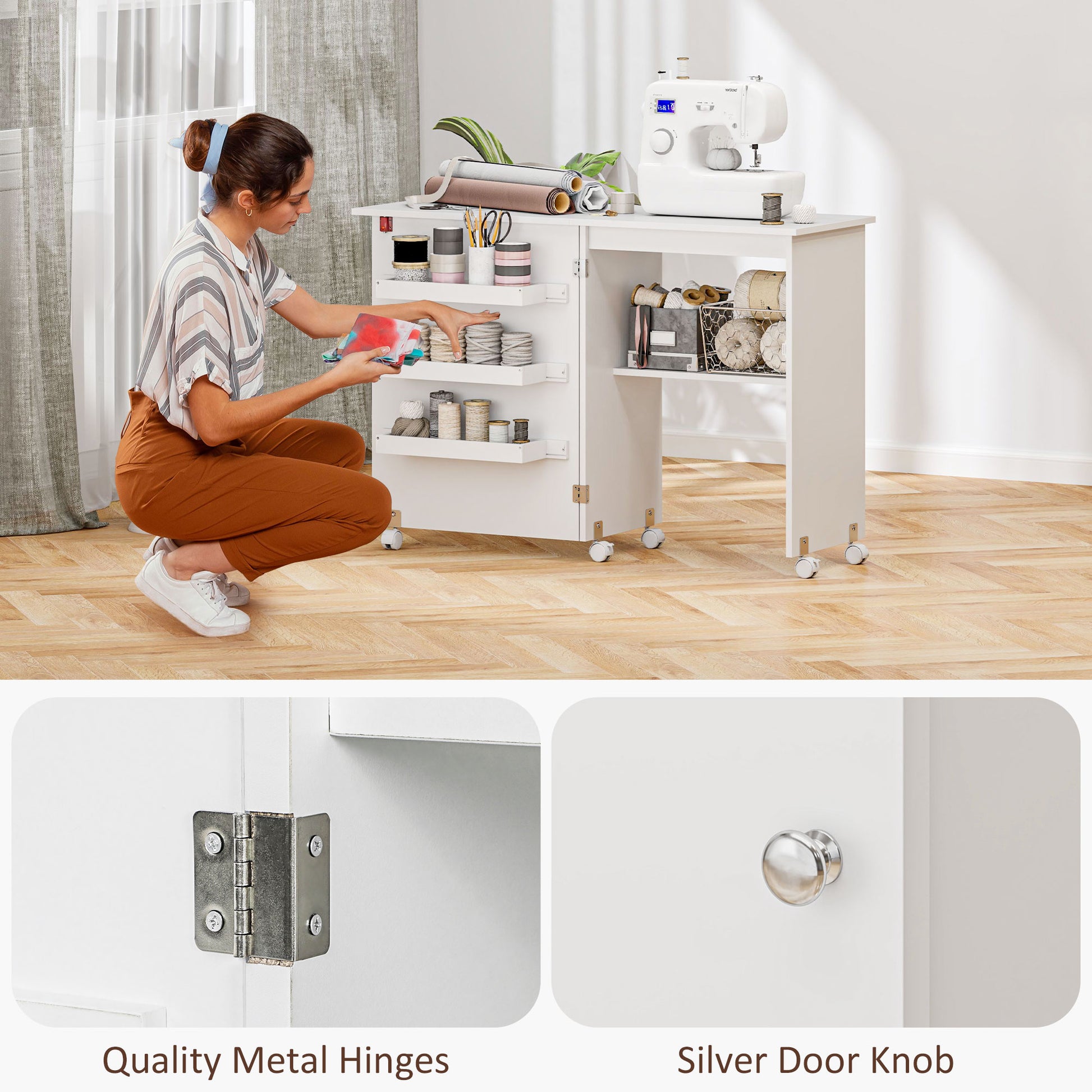 Sewing Machine Cabinet, Folding Sewing Table with Storage Shelf, Bins and Lockable Wheels for Small Space, White Storage Cabinets at Gallery Canada