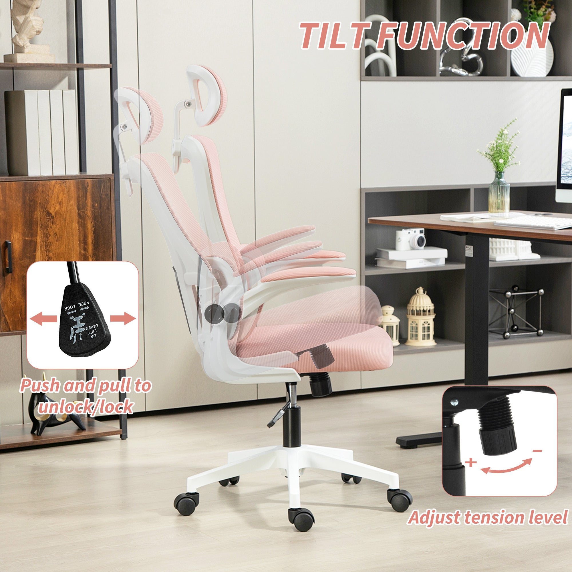 High Back Office Chair, Mesh Computer Desk Chair with Rotatable Headrest, Lumbar Back Support, Adjustable Height, Pink Executive & Manager Chairs at Gallery Canada