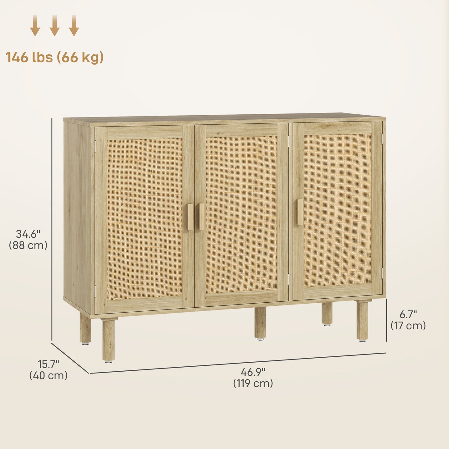 Bohemian Sideboard, 46.9" Buffet Cabinet with 3 Rattan Doors and Shelves for Living Room, Hallway, Oak Storage Cabinets at Gallery Canada