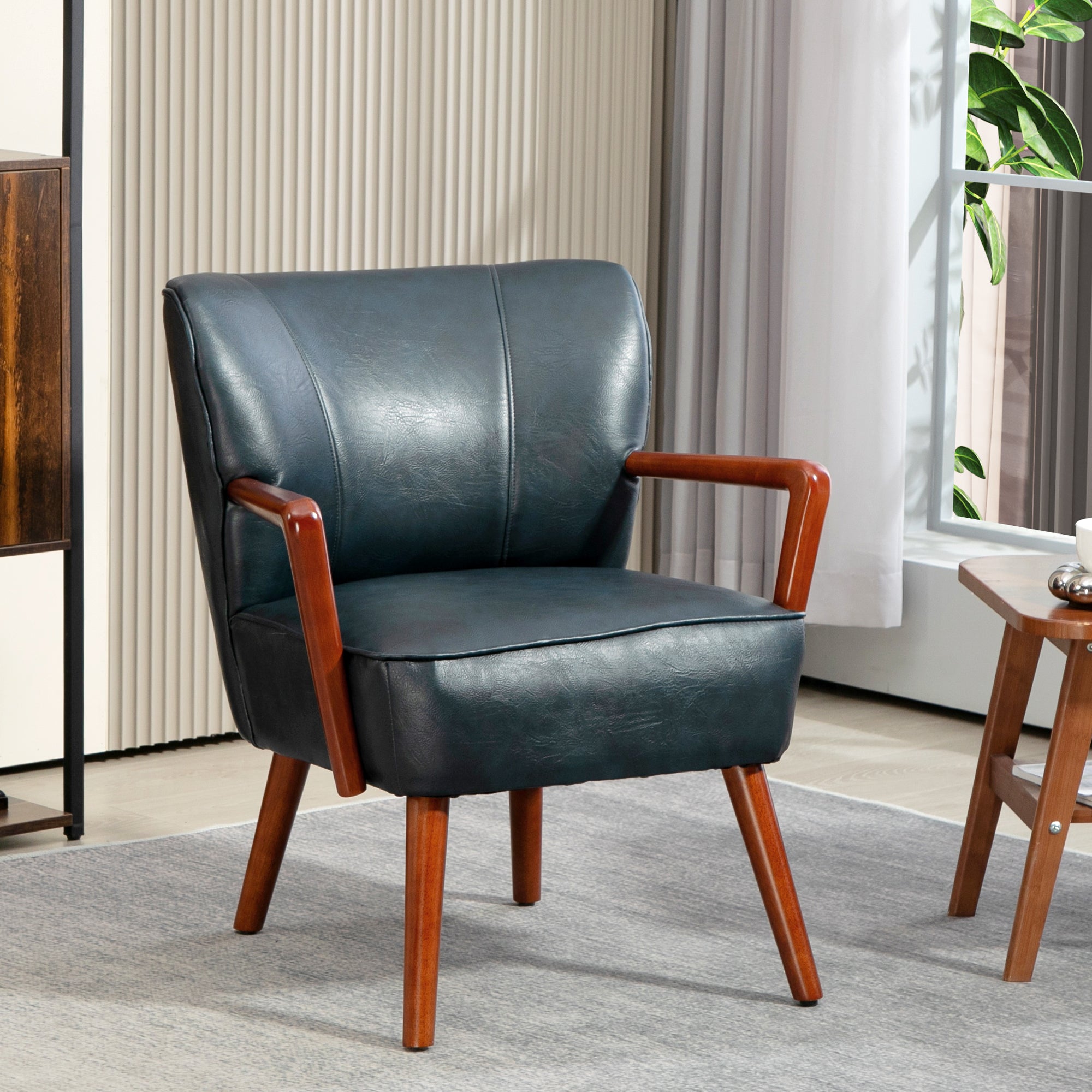 Accent Chair, Modern Armchair, Faux Leather Upholstered Living Room Chair with Wood Legs and Wide Padded Seat, Blue Accent Chairs   at Gallery Canada