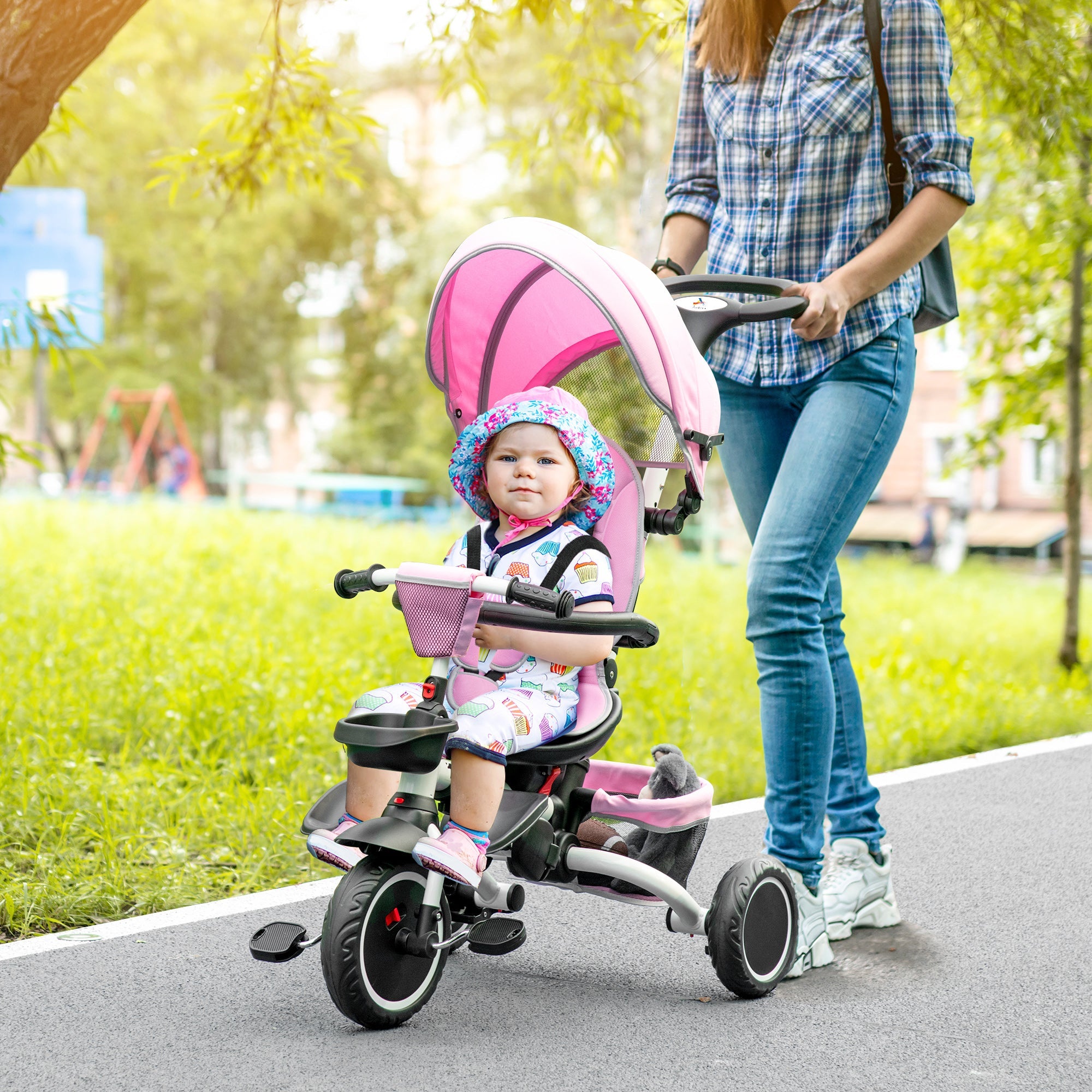 6-in-1 Toddler Tricycle for 12-50 Months, Foldable Kids Trike with Adjustable Seat and Push Handle, Safety Harness, Removable Canopy, Footrest, Pink Tricycles for Kids   at Gallery Canada