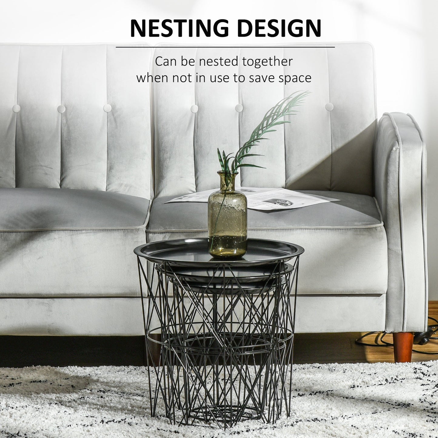 Set of 3 Nesting Coffee Tables with Storage, Round End Table with Removable Tray, Basket Side Tables with Metal Frame for Living Room, Black Side Tables   at Gallery Canada