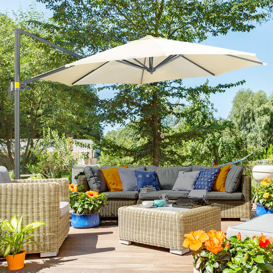 9.6' Cantilever Patio Umbrella Outdoor Hanging Offset Umbrella with Cross Base 360° Rotation Aluminum Poles Cream White Offset Cantilever Umbrellas   at Gallery Canada