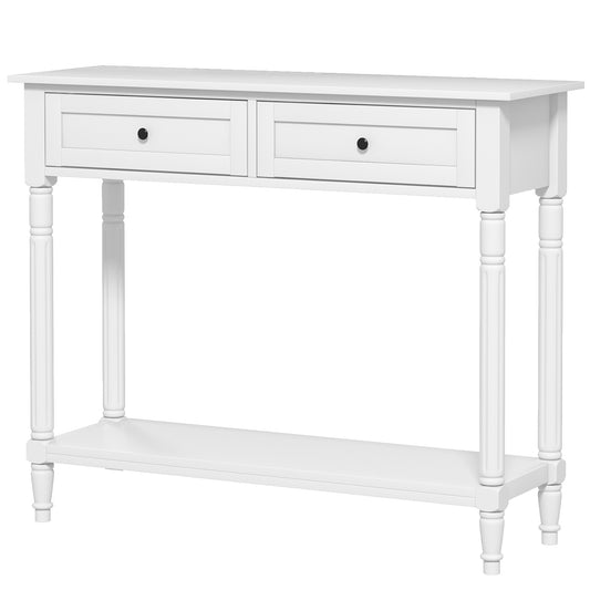 Hallway Console Table, Modern Entryway Table with 2 Drawers, Storage Shelf, Turned Legs for Living Room, Bedroom, White Console Tables   at Gallery Canada